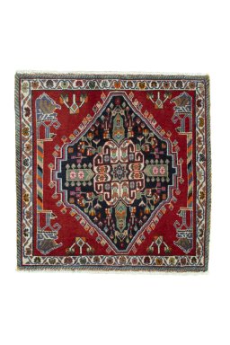 Full view of 2000s Shiraz rug from Iran / Persia, 65 × 65 cm in Red tones