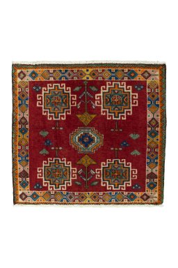 Full view of 2000s Shiraz rug from Iran / Persia, 64 × 70 cm in Red tones
