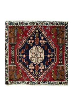 Full view of 2000s Shiraz rug from Iran / Persia, 60 × 60 cm in Red tones