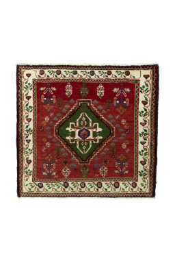 Full view of 2000s Shiraz rug from Iran / Persia, 60 × 64 cm in Red tones