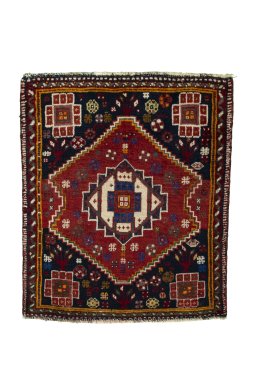 Full view of 2000s Shiraz rug from Iran / Persia, 69 × 58 cm in Red tones