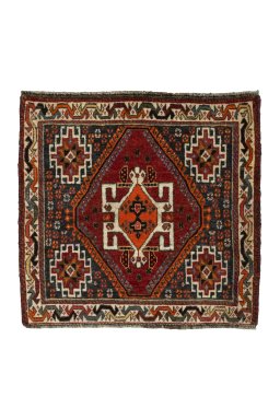 Full view of 2000s Shiraz rug from Iran / Persia, 63 × 66 cm in Red tones