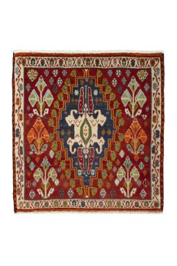 Full view of 2000s Shiraz rug from Iran / Persia, 68 × 65 cm in Red tones