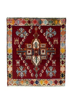 Full view of 2000s Shiraz rug from Iran / Persia, 70 × 60 cm in Red tones