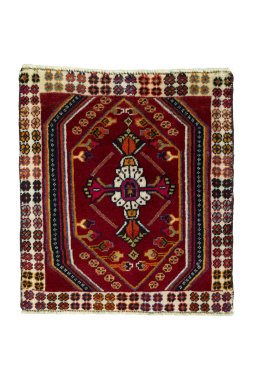 Full view of 2000s Shiraz rug from Iran / Persia, 63 × 57 cm in Red tones