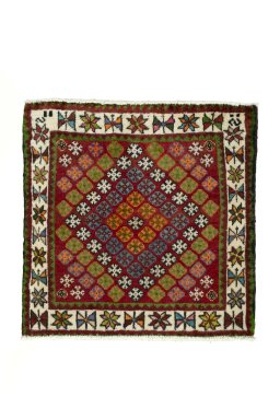 Full view of 2000s Shiraz rug from Iran / Persia, 56 × 56 cm in Red tones