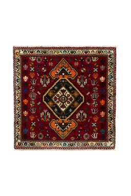 Full view of 2000s Shiraz rug from Iran / Persia, 65 × 65 cm in Red tones