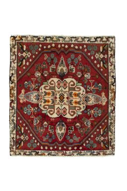 Full view of 2000s Shiraz rug from Iran / Persia, 66 × 59 cm in Red tones