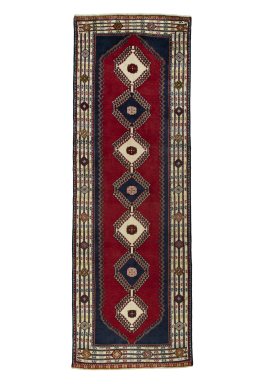 Full view of 2000s Shiraz rug from Iran / Persia, 305 × 103 cm in Red tones