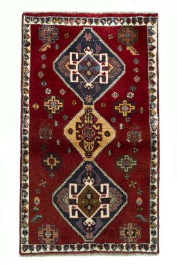 Full view of 2000s Shiraz rug from Iran / Persia, 135 × 80 cm in Red tones