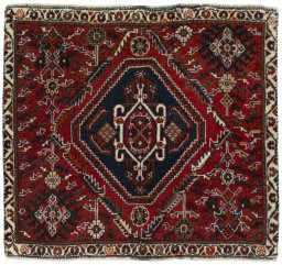 Full view of 2000s Shiraz rug from Iran / Persia, 60 × 66 cm in Red tones