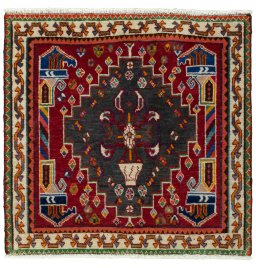 Full view of 2000s Shiraz rug from Iran / Persia, 63 × 65 cm in Red tones
