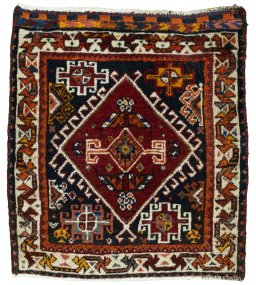 Full view of 2000s Shiraz rug from Iran / Persia, 61 × 55 cm in Red tones