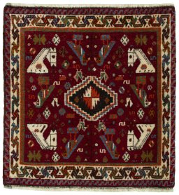 Full view of 2000s Shiraz rug from Iran / Persia, 65 × 63 cm in Red tones
