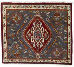 Full view of 2000s Shiraz rug from Iran / Persia, 57 × 66 cm in Gray tones