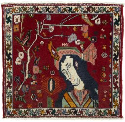 Full view of 2000s Shiraz rug from Iran / Persia, 60 × 64 cm in Red tones