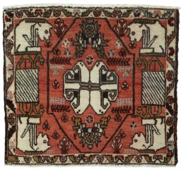 Full view of 2000s Shiraz rug from Iran / Persia, 55 × 62 cm in Red tones