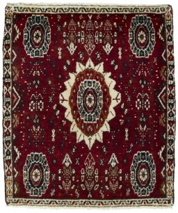 Full view of 2000s Shiraz rug from Iran / Persia, 70 × 60 cm in Red tones