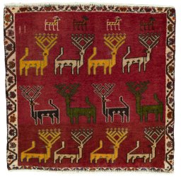 Full view of 2000s Shiraz rug from Iran / Persia, 60 × 62 cm in Red tones