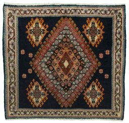 Full view of 2000s Shiraz rug from Iran / Persia, 58 × 63 cm in Blue tones