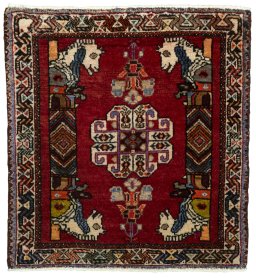 Full view of 2000s Shiraz rug from Iran / Persia, 60 × 56 cm in Red tones