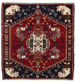 Full view of 2000s Shiraz rug from Iran / Persia, 64 × 61 cm in Red tones