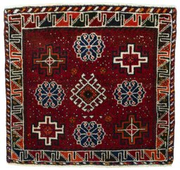 Full view of 2000s Shiraz rug from Iran / Persia, 58 × 60 cm in Red tones