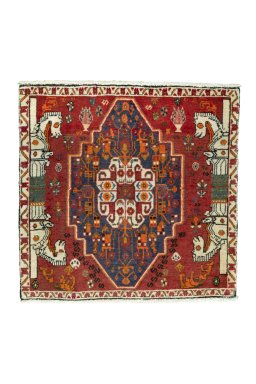 Full view of 2000s Shiraz rug from Iran / Persia, 70 × 71 cm in Red tones