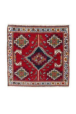 Full view of 2000s Shiraz rug from Iran / Persia, 58 × 60 cm in Red tones