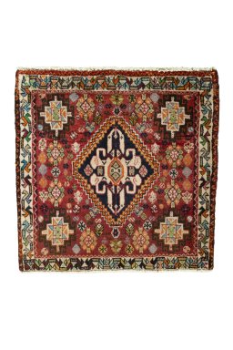 Full view of 2000s Shiraz rug from Iran / Persia, 63 × 65 cm in Red tones