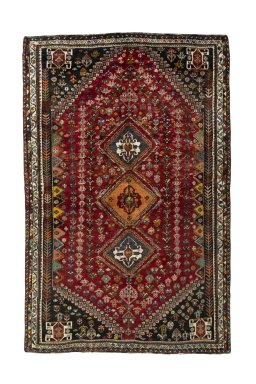 Full view of 2000s Shiraz rug from Iran / Persia, 253 × 164 cm in Red tones
