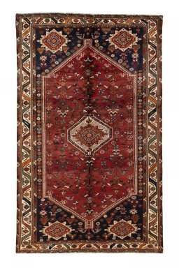 Full view of 2000s Shiraz rug from Iran / Persia, 259 × 160 cm in Red tones