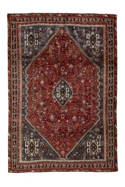 Full view of 1970s Shiraz rug from Iran / Persia, 317 × 217 cm in Red tones