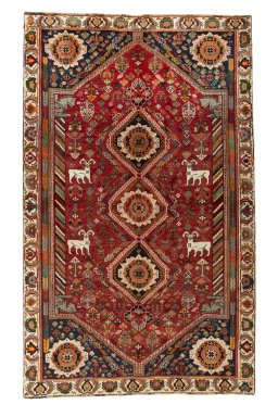 Full view of 2000s Shiraz rug from Iran / Persia, 290 × 180 cm in Red tones