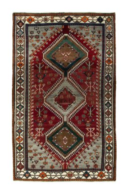 Full view of 2000s Shiraz rug from Iran / Persia, 225 × 140 cm in Red tones