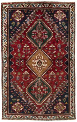 Full view of 2000s Shiraz rug from Iran / Persia, 175 × 110 cm in Red tones