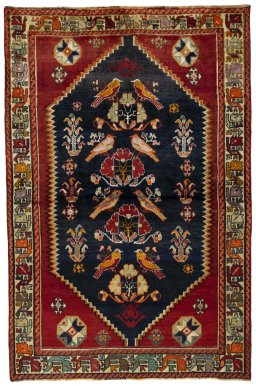 Full view of 2000s Shiraz rug from Iran / Persia, 230 × 153 cm in Blue tones