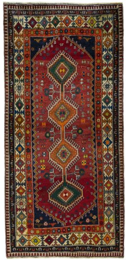Full view of 2000s Shiraz rug from Iran / Persia, 235 × 112 cm in Red tones