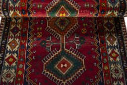 Full view of 2000s Shiraz rug from Iran / Persia, 235 × 112 cm in Red tones