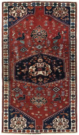 Full view of 2000s Shiraz rug from Iran / Persia, 190 × 110 cm in Red tones