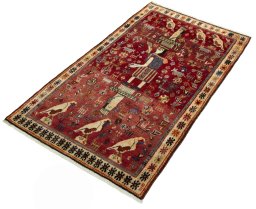 Corner detail of 2000s Shiraz rug showing border pattern and Wool pile