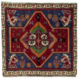 Full view of 2000s Shiraz rug from Iran / Persia, 57 × 60 cm in Red tones