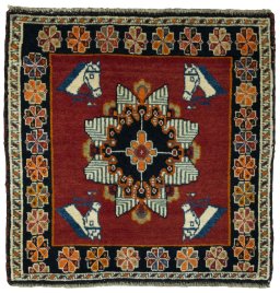 Full view of 2000s Shiraz rug from Iran / Persia, 60 × 60 cm in Red tones