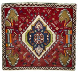 Full view of 2000s Shiraz rug from Iran / Persia, 68 × 76 cm in Red tones