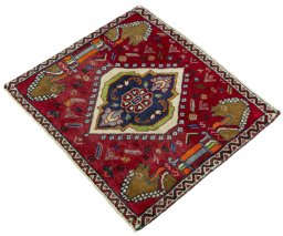 Corner detail of 2000s Shiraz rug showing border pattern and Wool pile