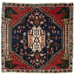 Full view of 2000s Shiraz rug from Iran / Persia, 63 × 66 cm in Red tones
