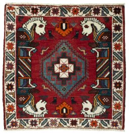 Full view of 2000s Shiraz rug from Iran / Persia, 67 × 69 cm in Red tones