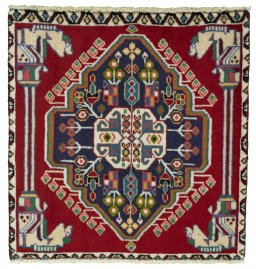 Full view of 2000s Shiraz rug from Iran / Persia, 60 × 58 cm in Red tones