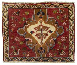Full view of 2000s Shiraz rug from Iran / Persia, 49 × 60 cm in Red tones