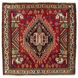 Full view of 2000s Shiraz rug from Iran / Persia, 63 × 65 cm in Red tones